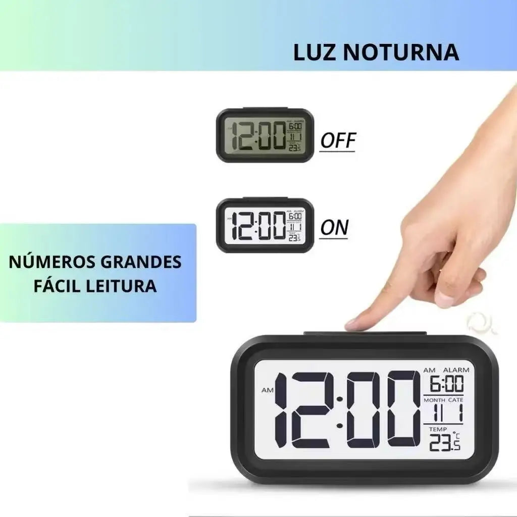 Relógio de mesa digital em cor branca com alarme e calendário