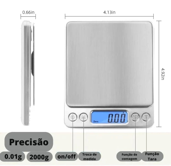 Detalhe da plataforma de aço inoxidável e visor LCD da balança