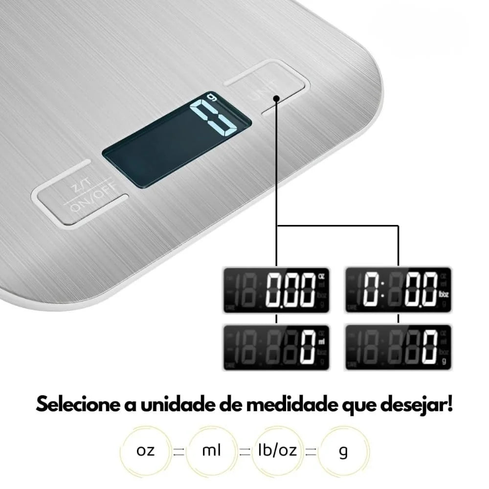Balança digital mostrando display LCD claro com resultado da pesagem