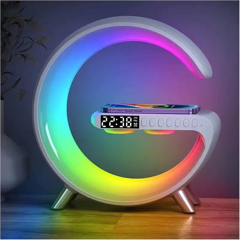 Luminária LED 3-em-1 com carregador wireless e speaker Bluetooth - vista frontal