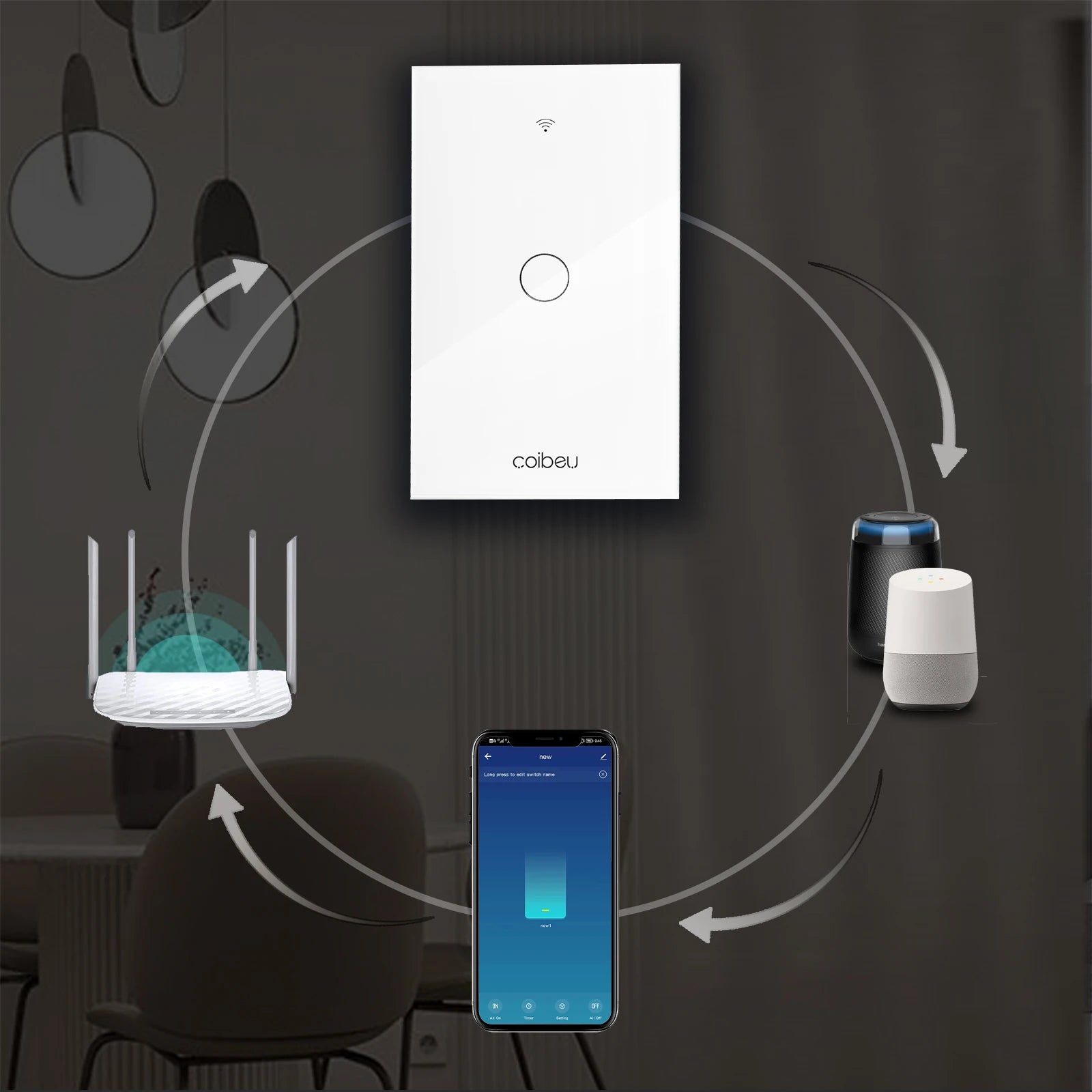 Interruptor Wi-Fi Touch com fio neutro, Alexa e Google Home