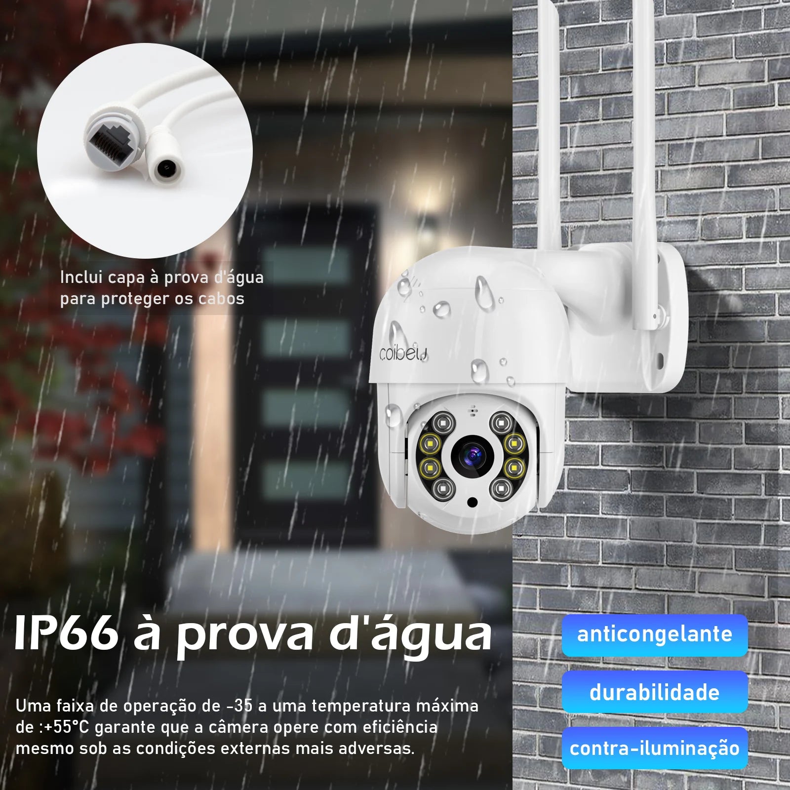 Vista frontal da câmera mostrando design moderno e lente de vidro