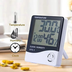 Relógio termômetro digital com display LED branco mostrando temperatura e umidade