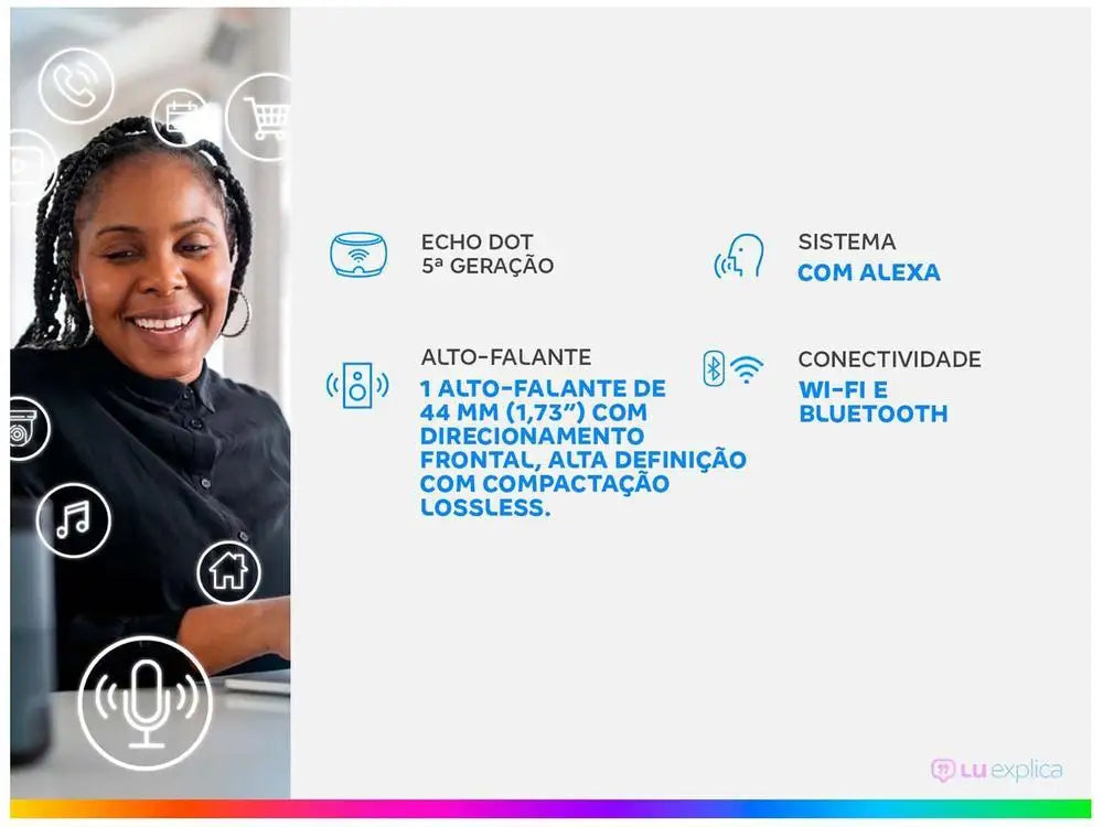 Vista superior do Echo Dot 5ª Geração mostrando sensor de topo e botão de desligar microfone