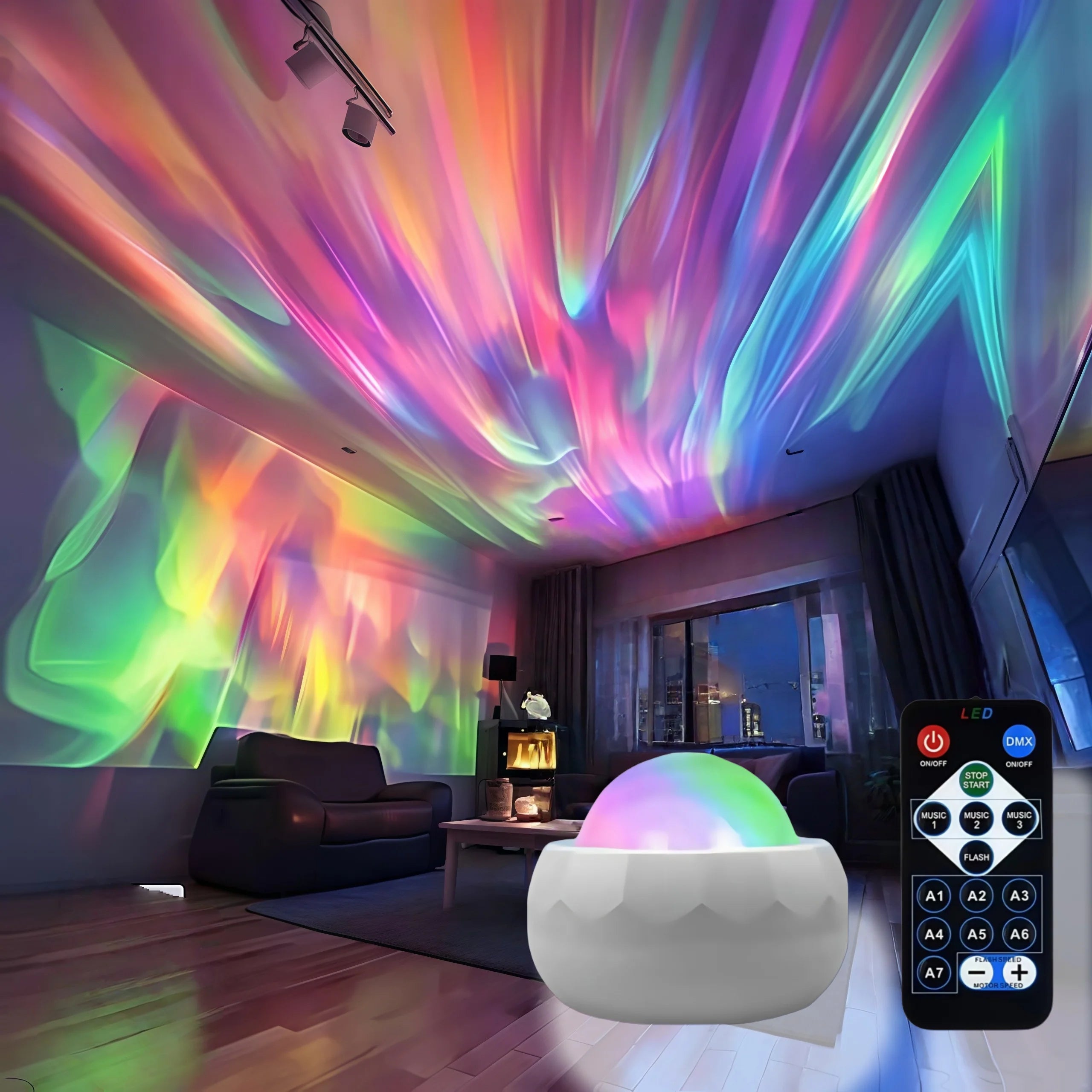 Projetor de luz noturna aurora boreal branco com controle remoto — vista frontal
