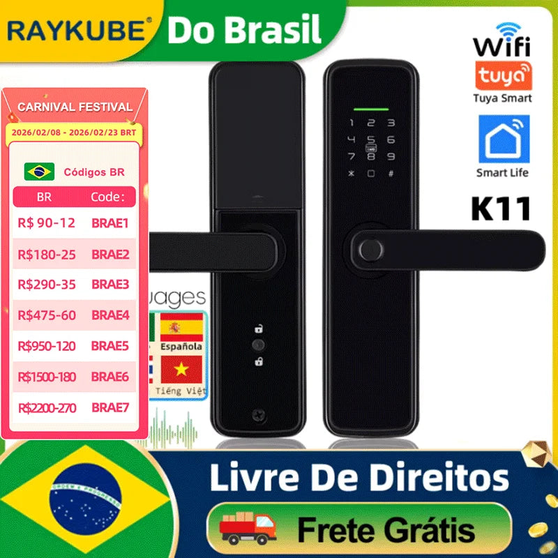 Fechadura Digital RAYKUBE K11 WiFi Tuya com biometria e voz em português