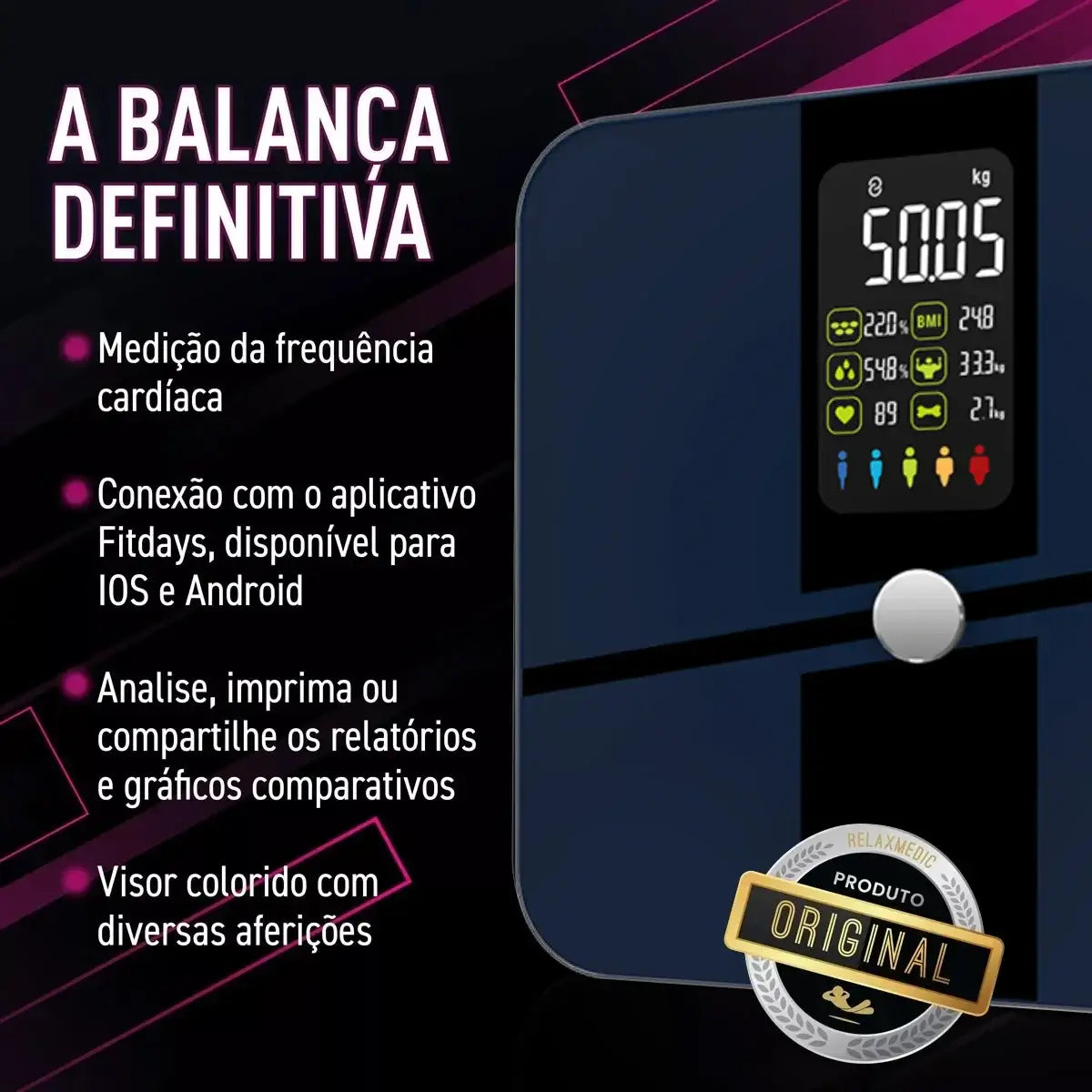 Balança Inteligente Digital com bioimpedância, Bluetooth e medição até 180kg