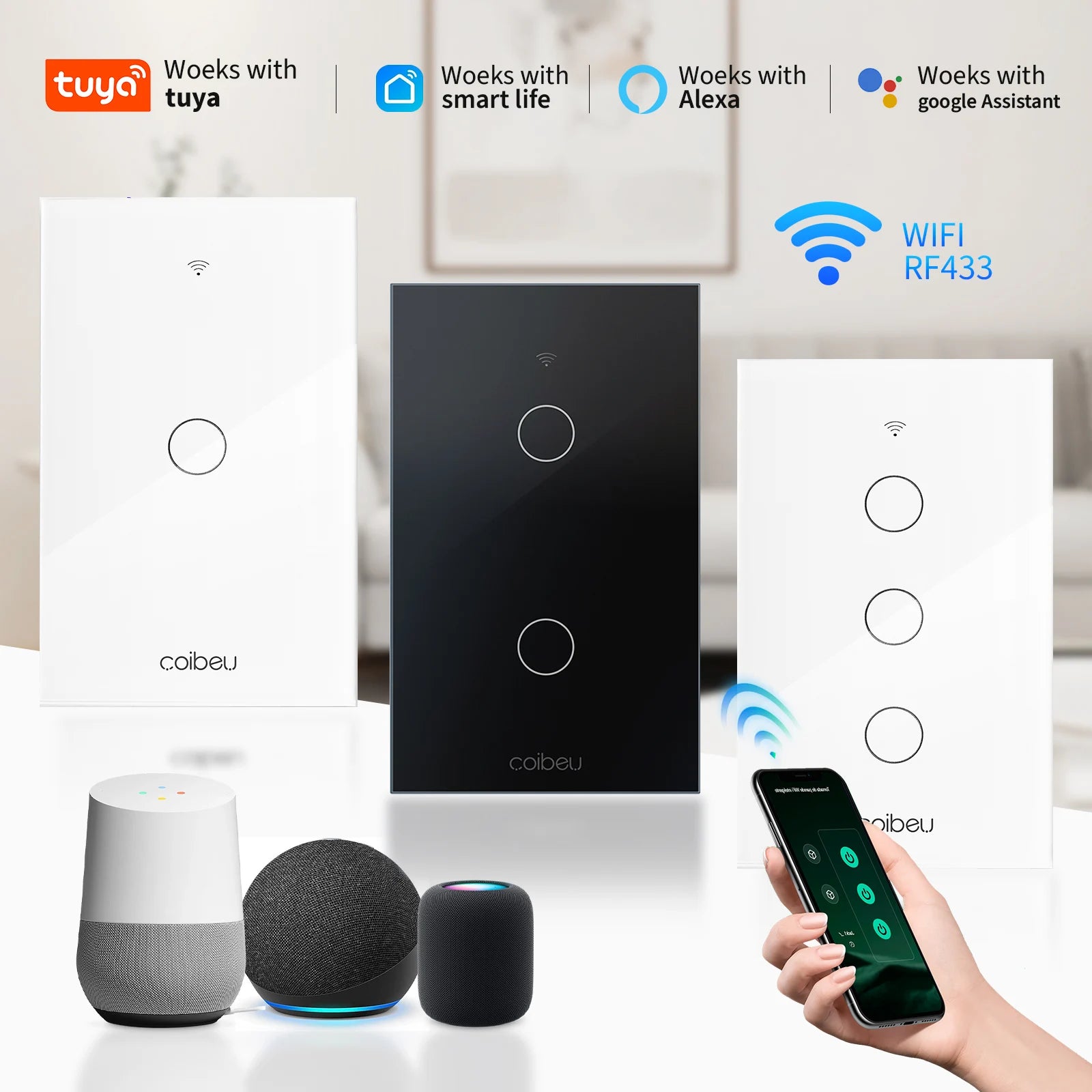 Interruptor Wi-Fi Touch com tomada integrada, Alexa e Google Home