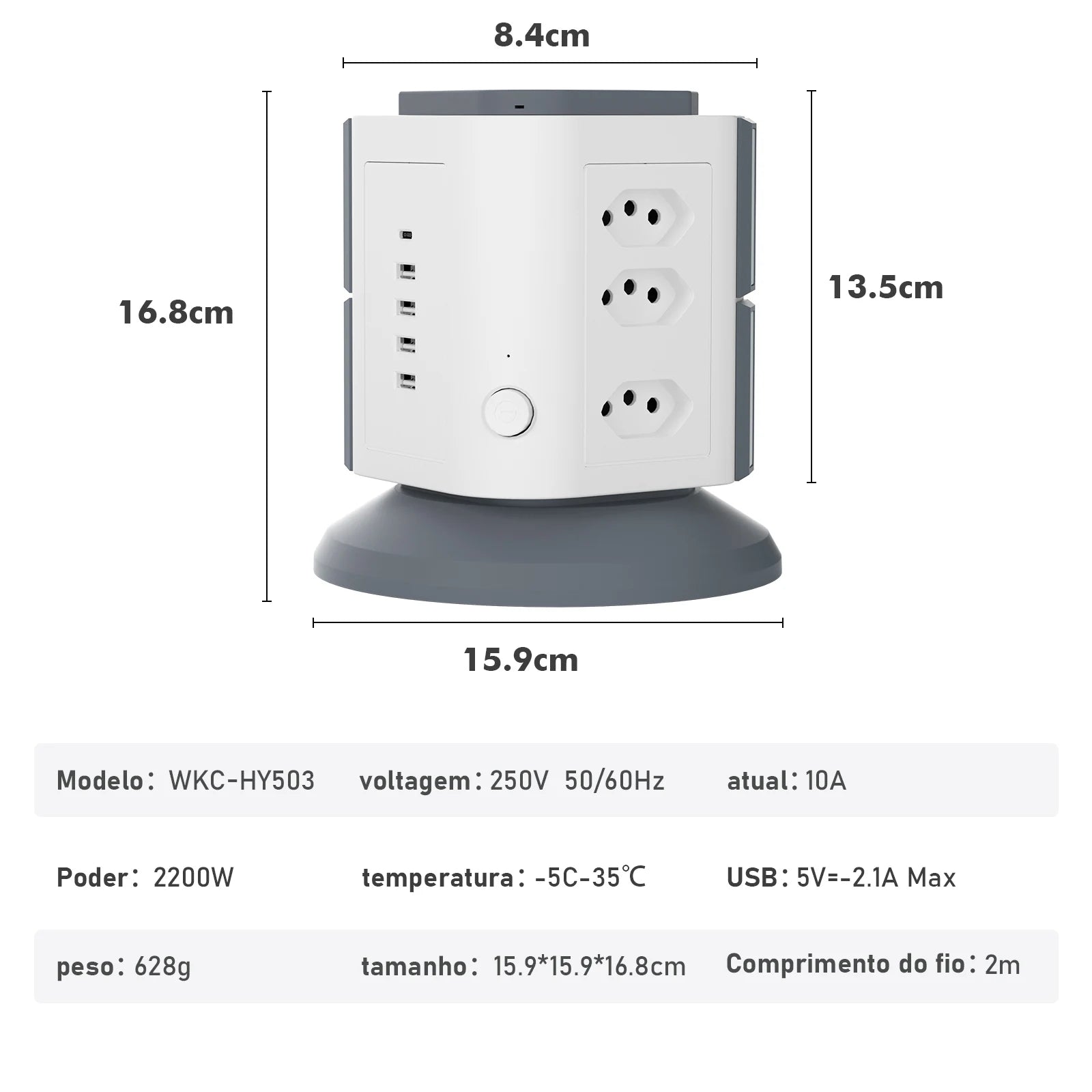 Dimensões compactas da extensão vertical Gigacord (15,9 x 16,8 cm)