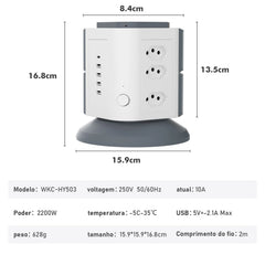 Dimensões compactas da extensão vertical Gigacord (15,9 x 16,8 cm)