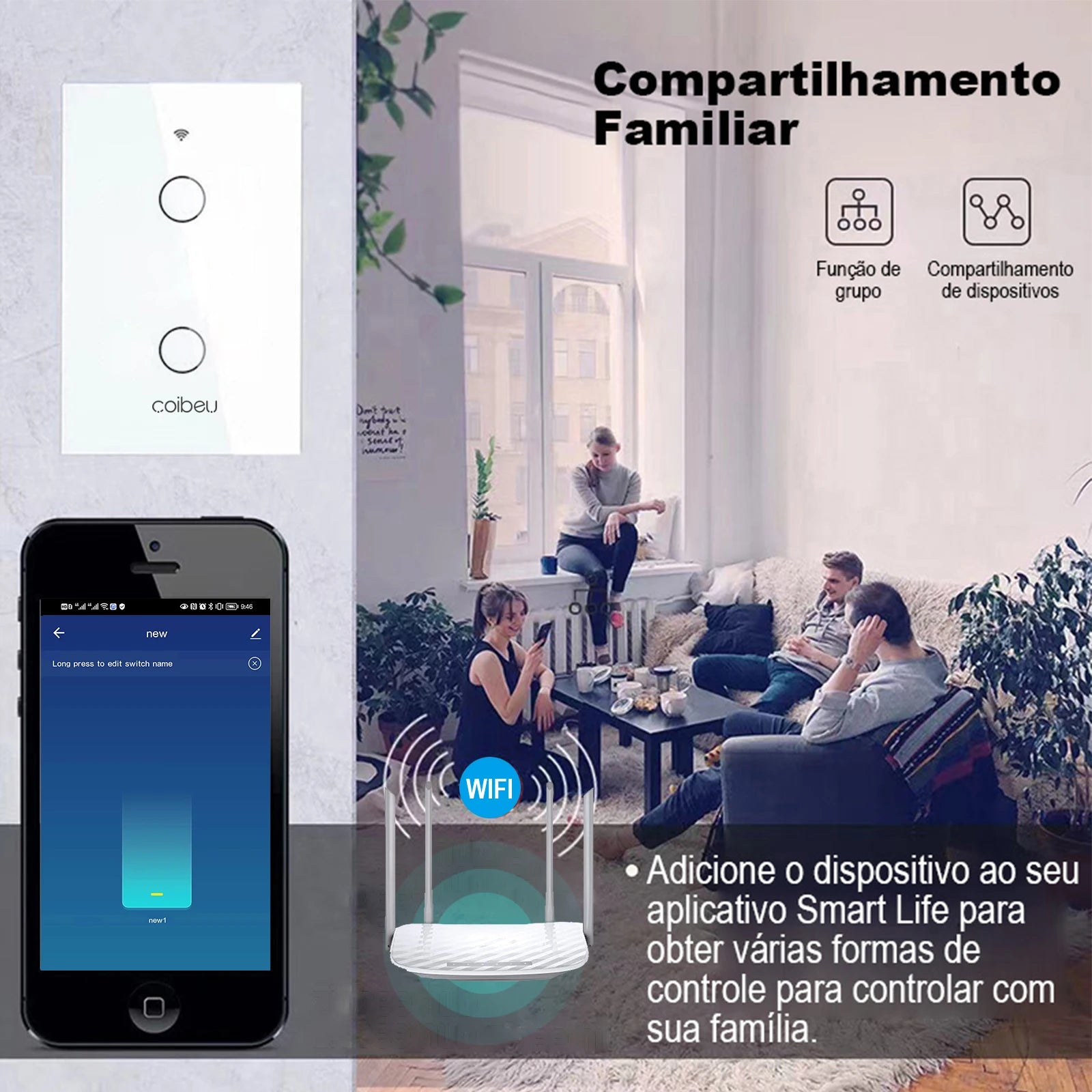 Interruptor Wi-Fi Touch com fio neutro, Alexa e Google Home