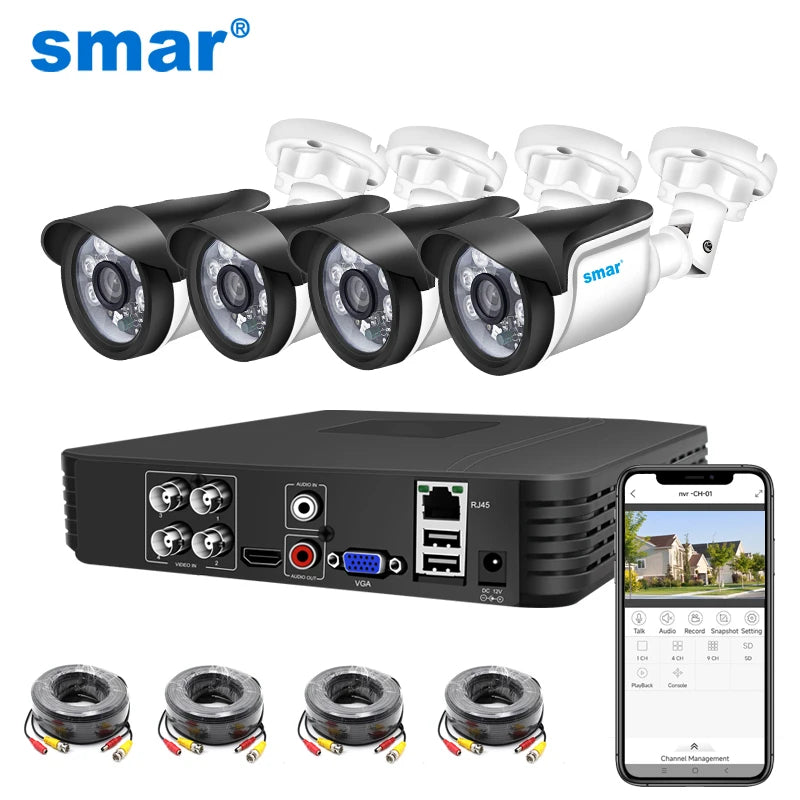 Smar 4CH AHD DVR completo com 4 câmeras, DVR, cabos e acessórios