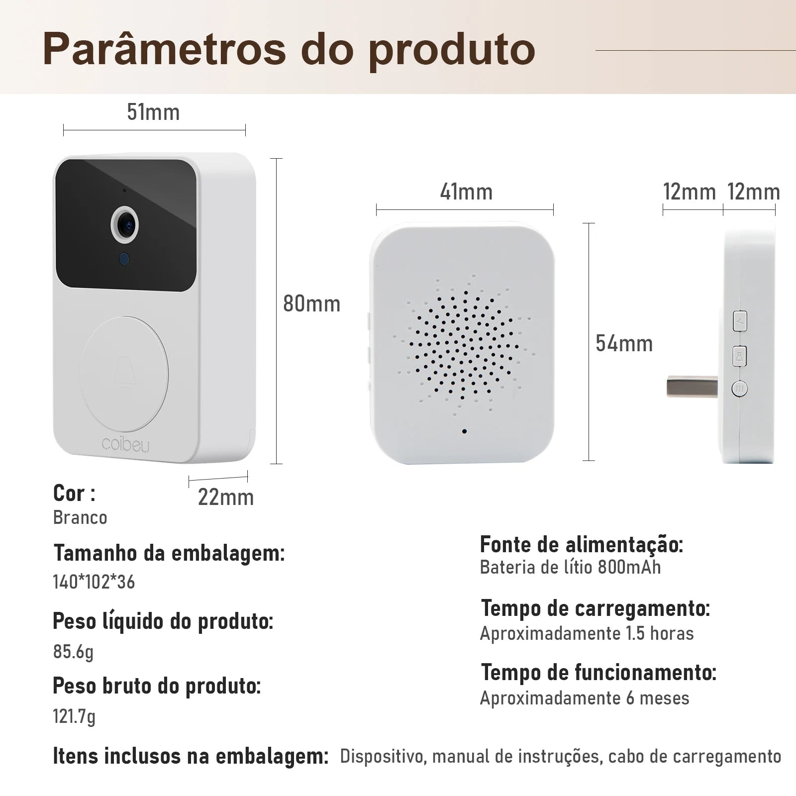 Campainha Vídeo Inteligente Wi-Fi com visão noturna e detecção de movimento