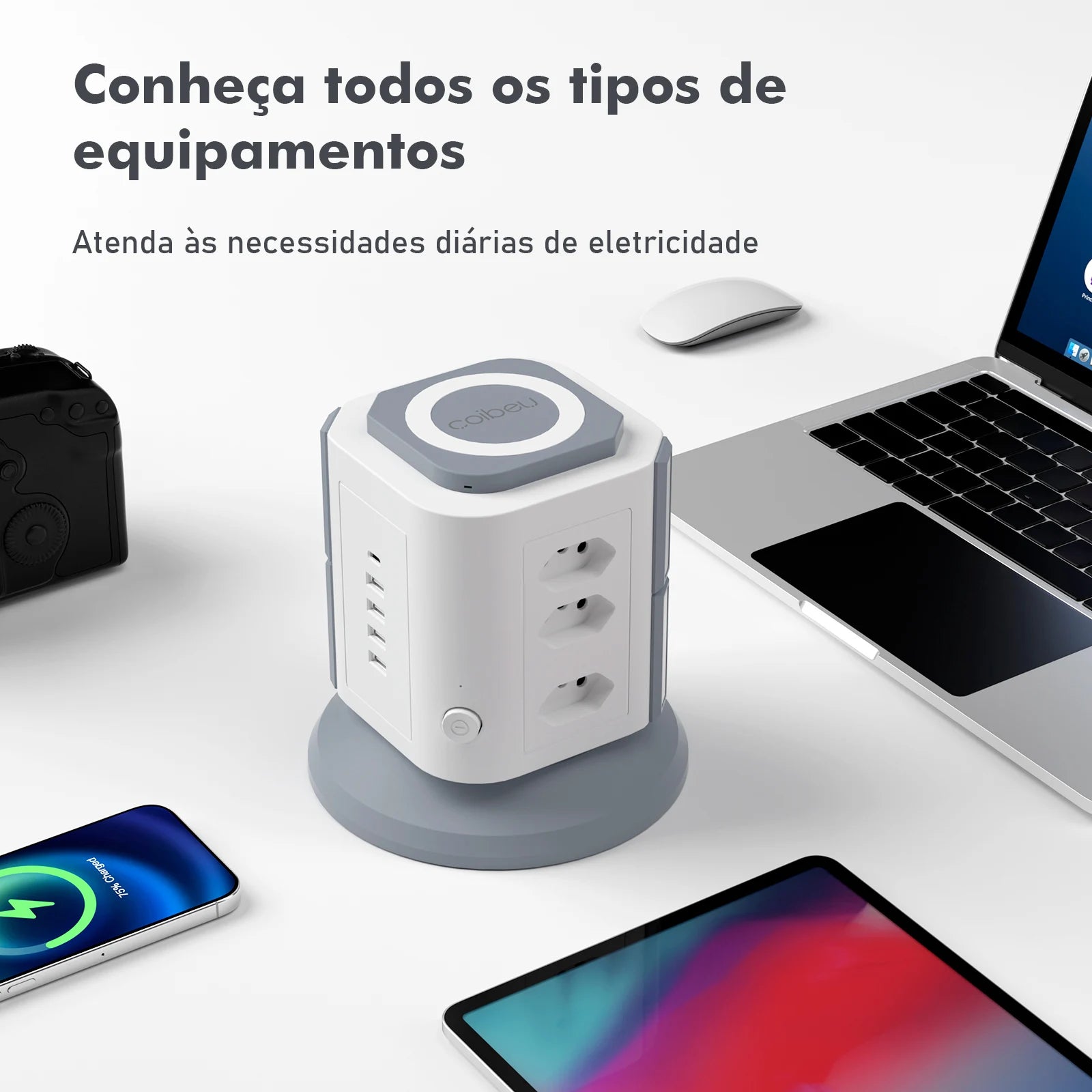 Detalhe das tomadas e portas USB da extensão Gigacord