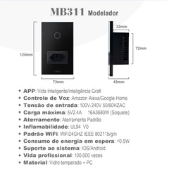 Interruptor Wi-Fi Touch com tomada integrada, Alexa e Google Home