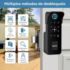 Detalhe do painel biométrico com leitor de impressão digital