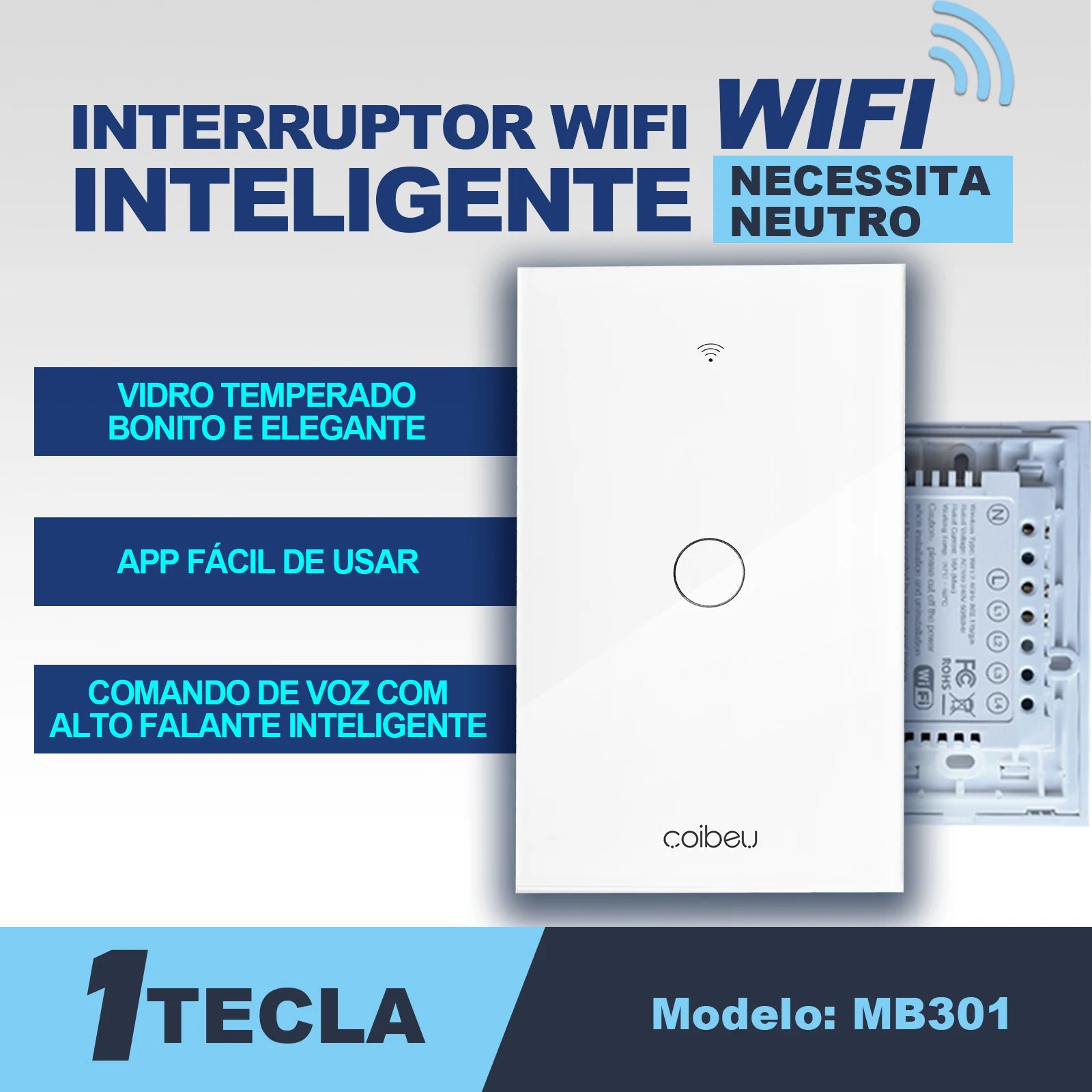 Interruptor Wi-Fi Touch com fio neutro, Alexa e Google Home