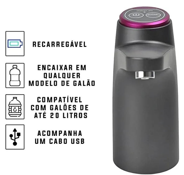 Bomba Dispensadora Elétrica para galão de 20L, USB recarregável