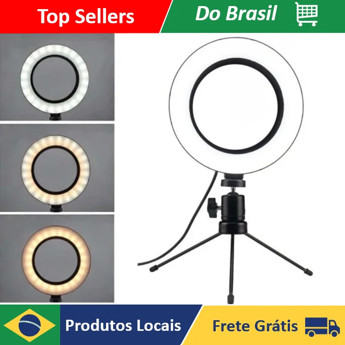 Anel de luz LED 16cm nnneverdie iluminador com tripé mini - visão frontal