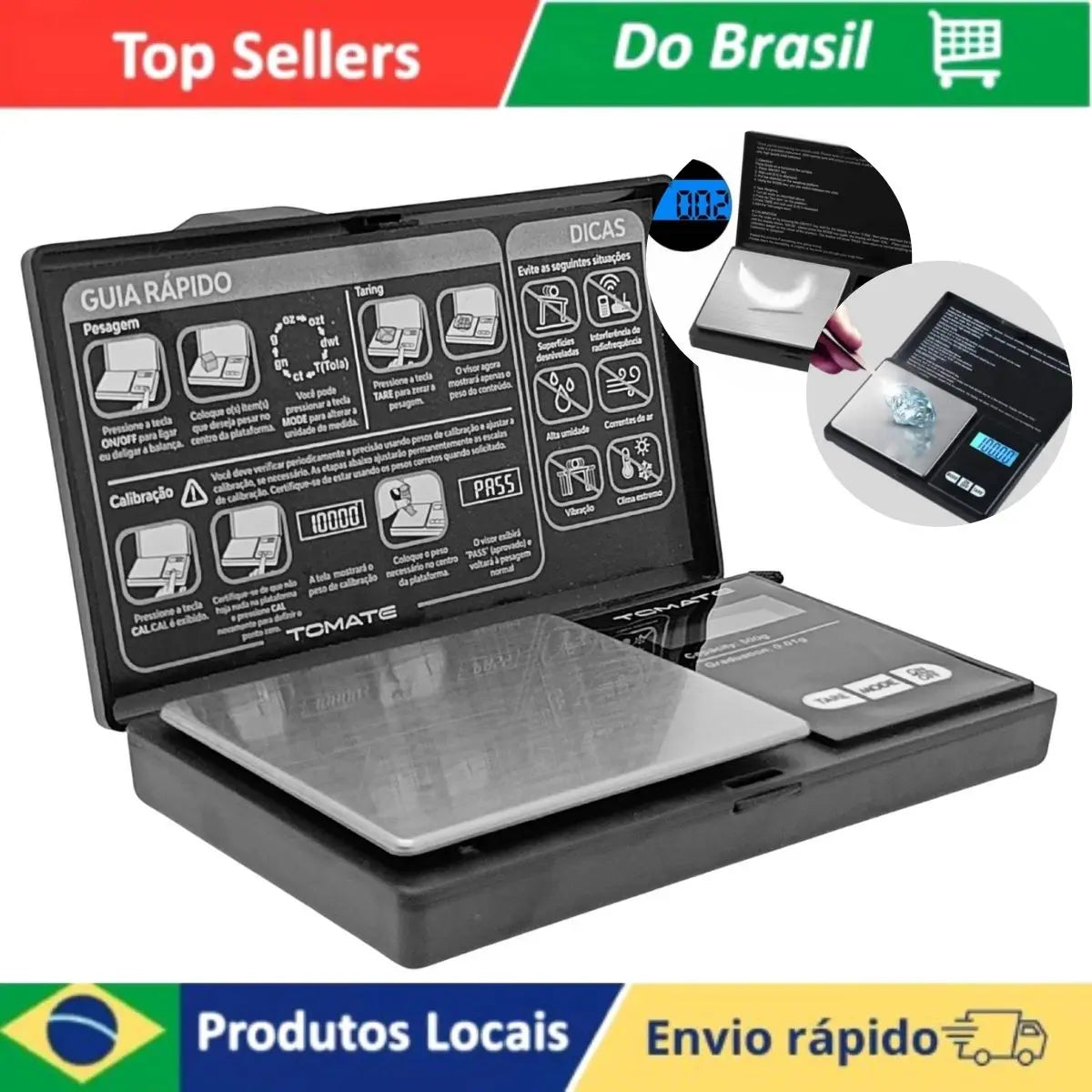 Balança digital compacta vista frontal com display LED azul