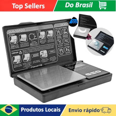 Balança digital compacta vista frontal com display LED azul