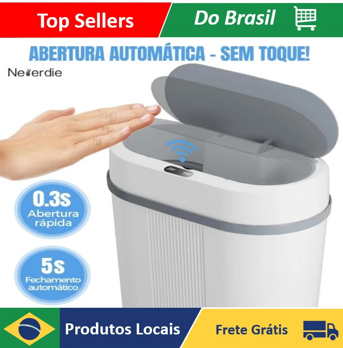 Lixeira automática branca com acabamento dourado, sensor infravermelha, vista frontal