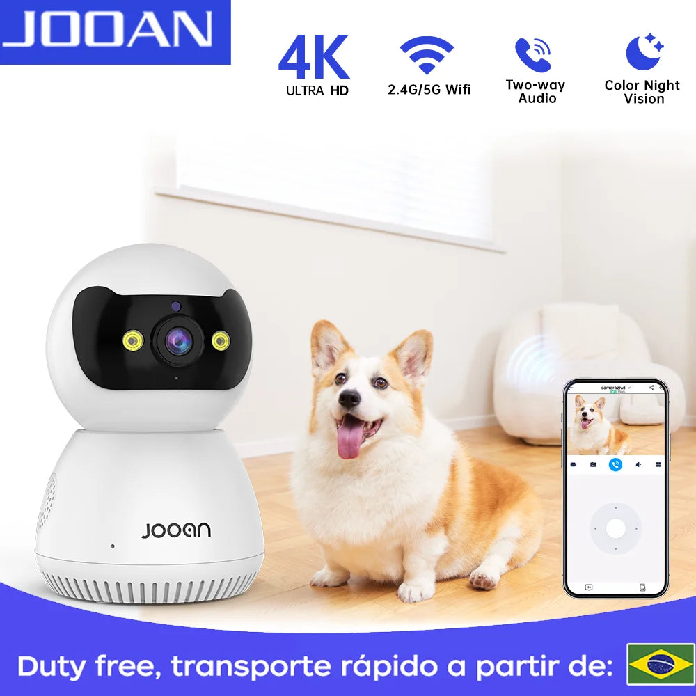 Câmera JOOAN 4K WiFi com base de montagem e dual lens visível