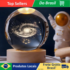 Luminária bola de cristal com sistema solar gravado, LED ligado com luz 3D azul