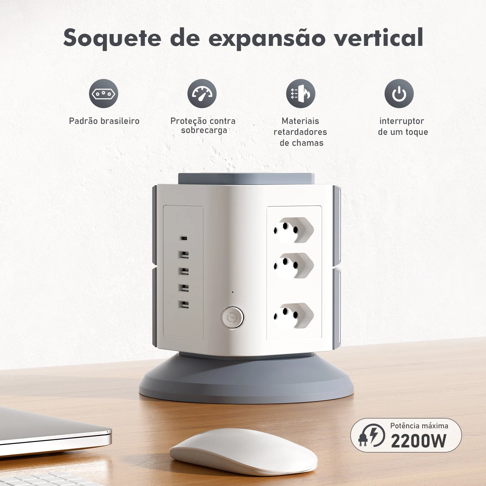 Extensão vertical Gigacord com 9 tomadas BR e 4 portas USB