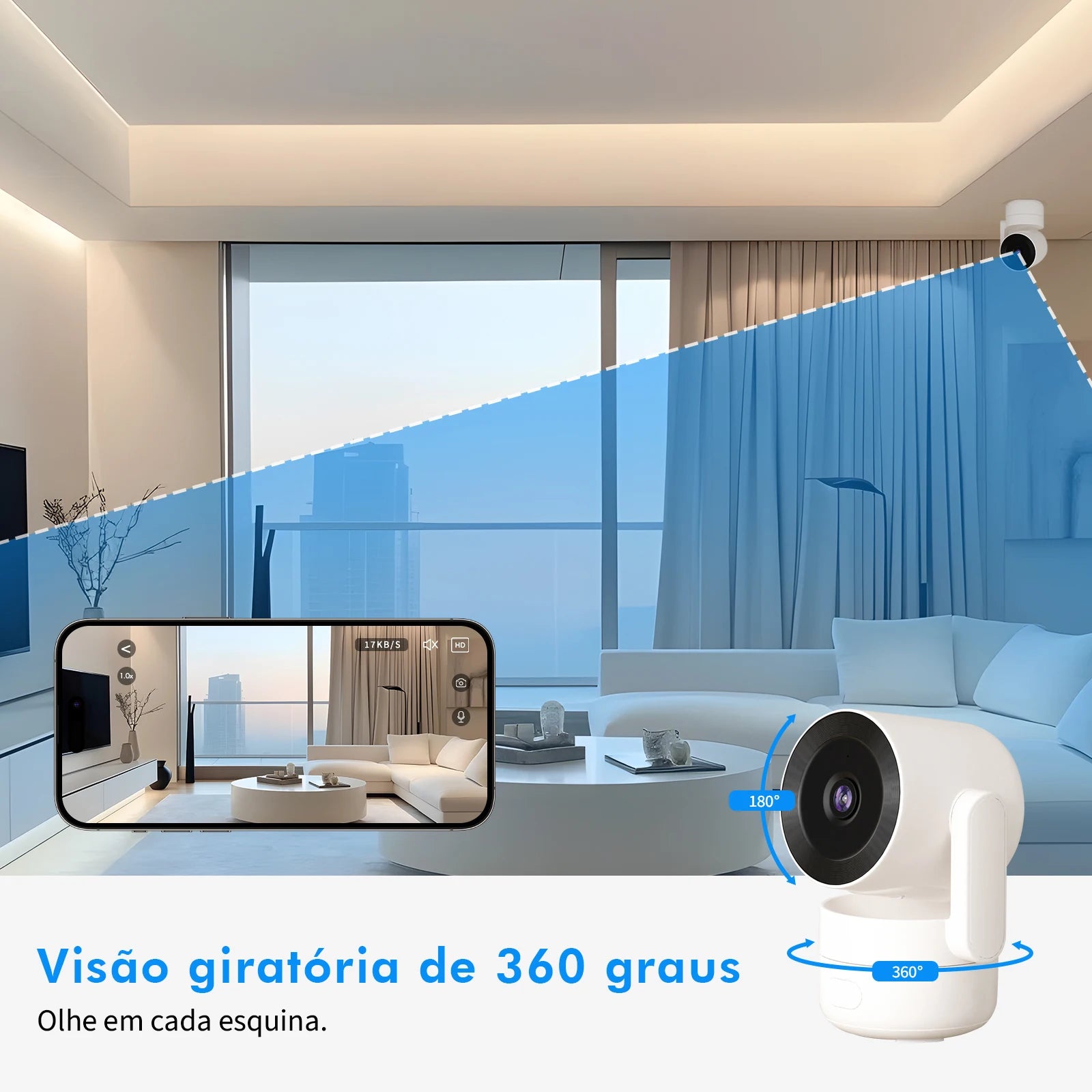Câmera instalada em prateleira monitorando sala de estar