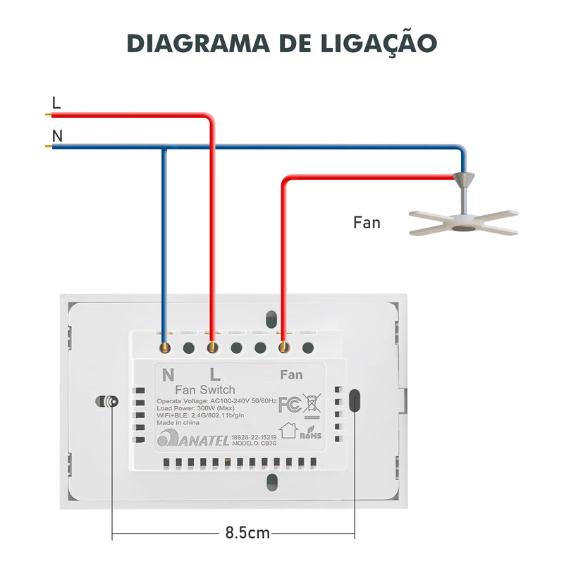 Interruptor Inteligente Tuya Wi-Fi Multifuncional e Ventilador Integrado Alexa e Google Home