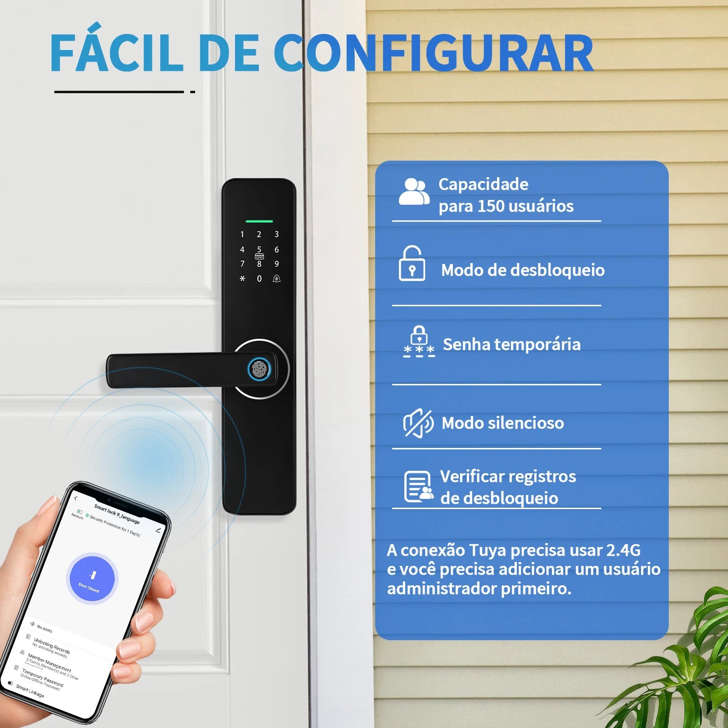 Fechadura Digital Tuya WiFi com biometria, senha e app