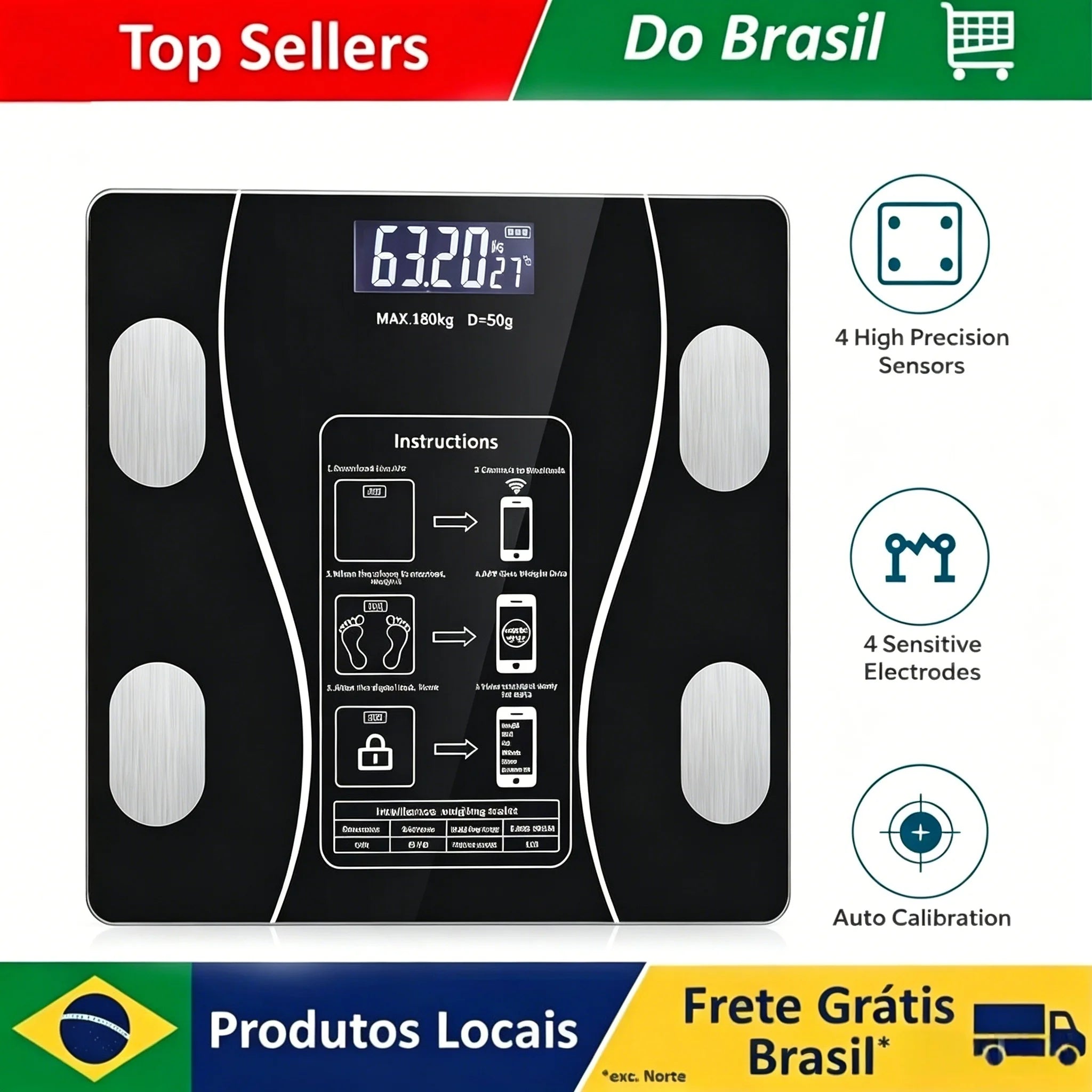 Balança corporal digital preta com visor LCD brilhante