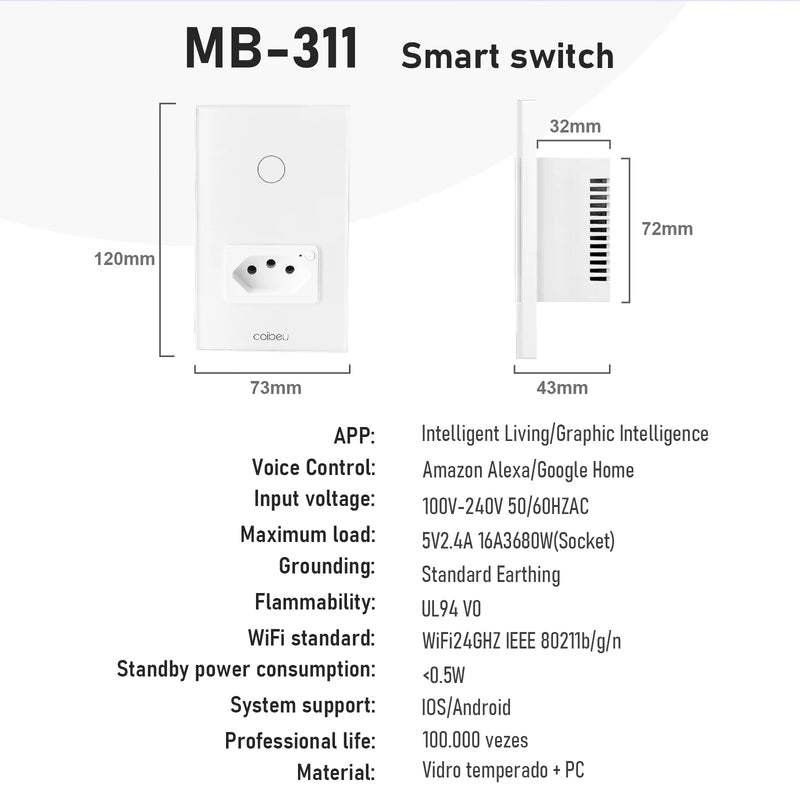 Interruptor Wi-Fi Touch com Tomada Integrada até 3 Canais, Elegante e Integrado com Alexa ou Google Home