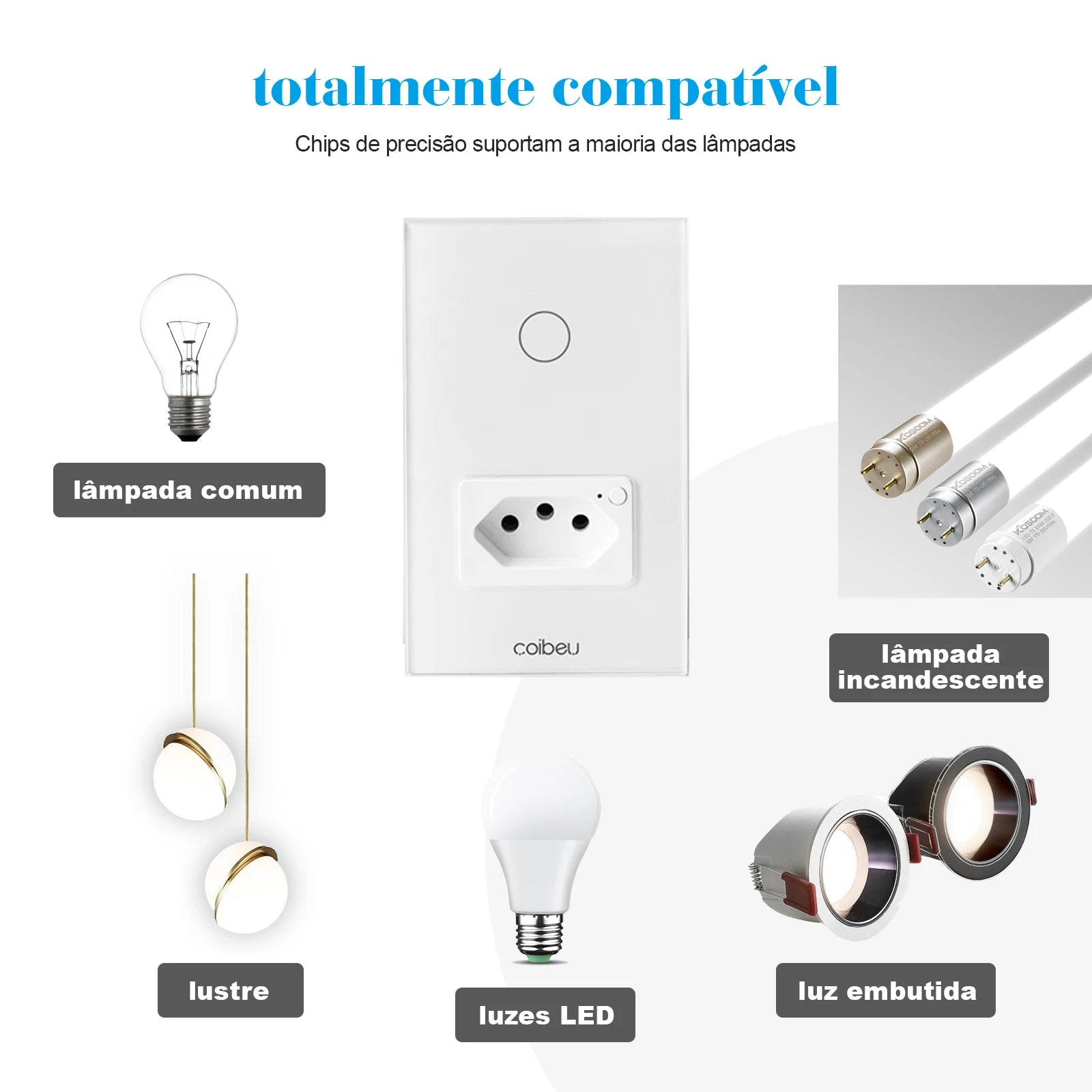 Interruptor Wi-Fi Touch com Tomada Integrada até 3 Canais, Elegante e Integrado com Alexa ou Google Home