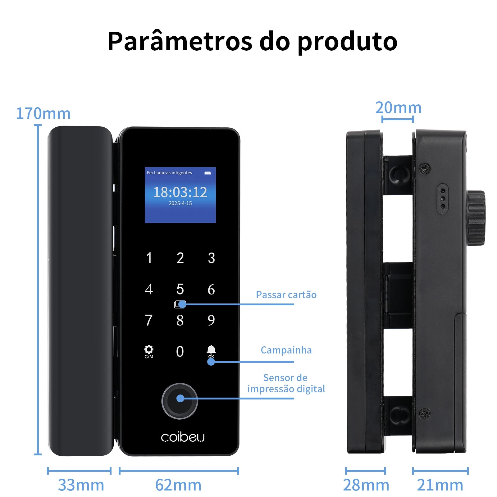 Fechadura Digital COIBEU WKZW-B6 para porta de vidro WiFi Tuya, sem furos