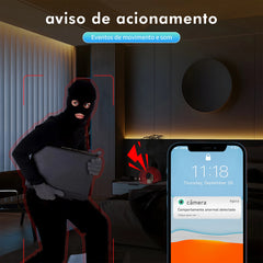 Vista traseira da câmera com entrada de cartão microSD e botão de reset