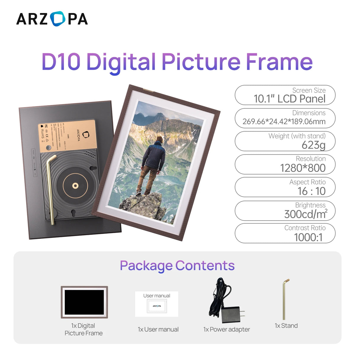 Porta-Retrato Digital WiFi ARZOPA D10 com tela touch IPS e app Frameo