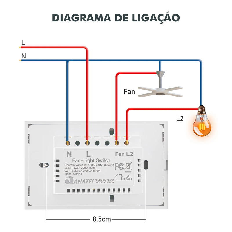 Interruptor Inteligente Tuya Wi-Fi Multifuncional e Ventilador Integrado Alexa e Google Home