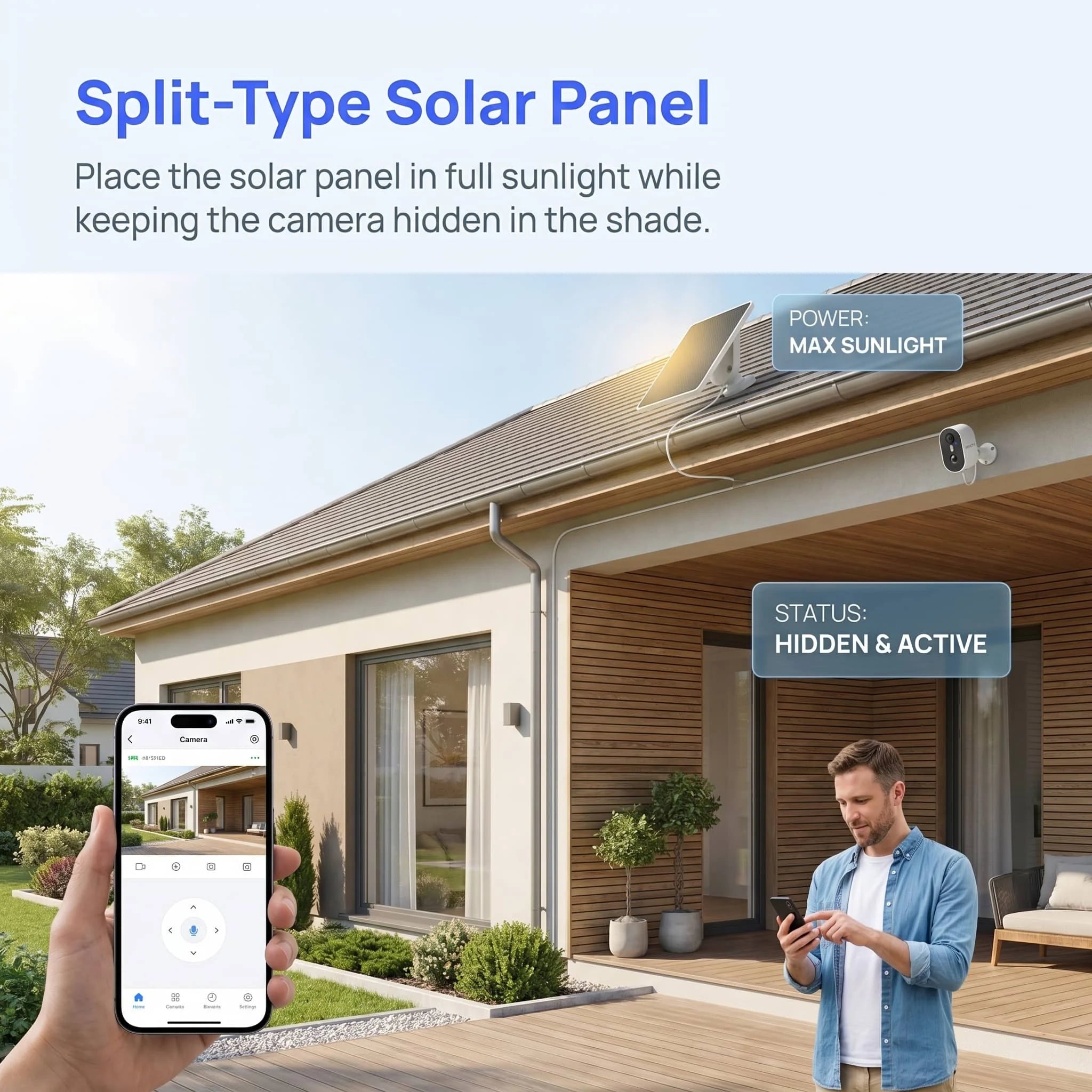 Kit completo: câmera, painel solar, adaptador, manual, suportes de instalação