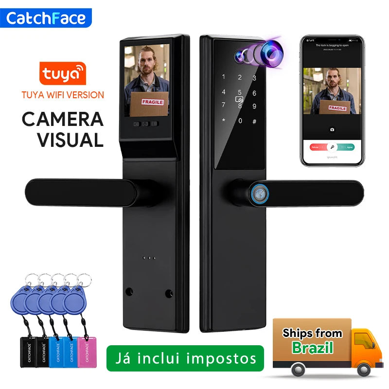 Painel frontal da fechadura digital Raykube K8 com biometria integrada