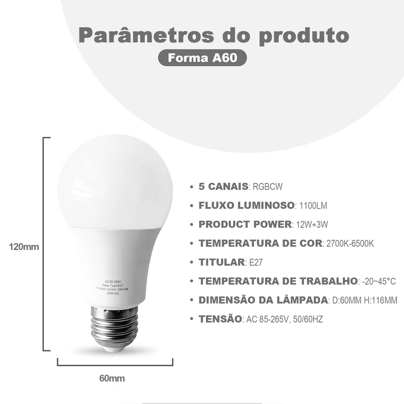 Lâmpada Inteligente Bluetooth 15W (110v e 220v), RGB 16 Milhões de Cores, Integrada com Alexa e Google Home