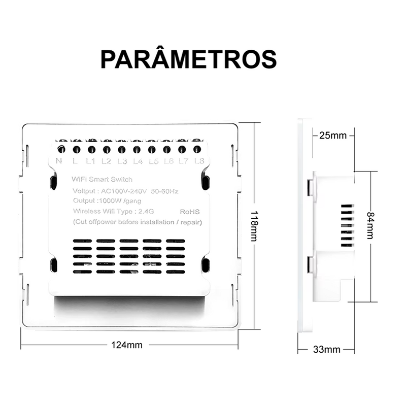 Interruptor Inteligente Wi-Fi 4x4 Tuya Smart Opção com 8 Canais, com Touch Integrado com Alexa e Google Home