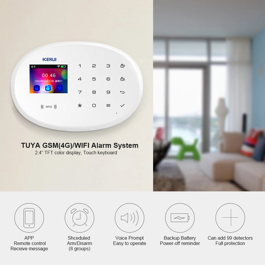 Kit de Alarme Sem Fio KERUI WiFi GSM Tuya com sensor de movimento