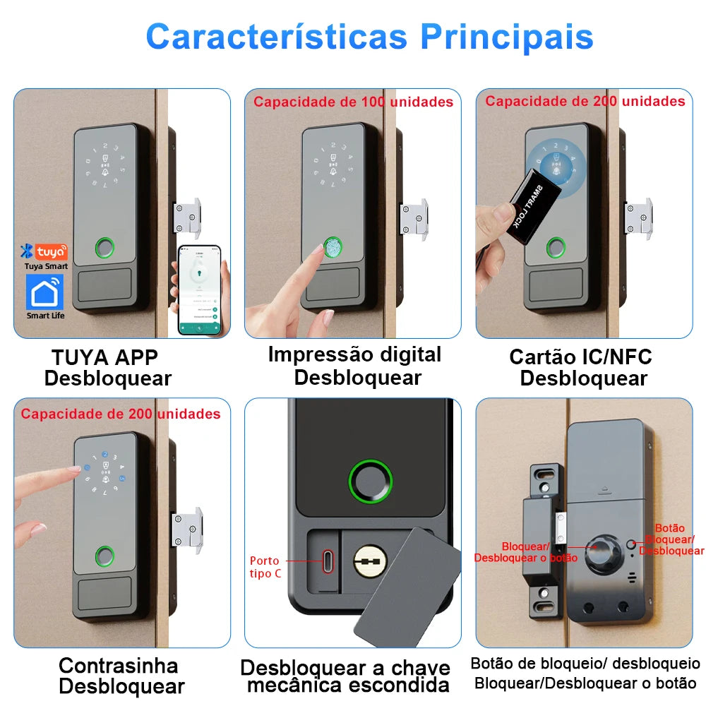 Fechadura Digital RAYKUBE G18 Tuya Bluetooth com biometria, para madeira e aço