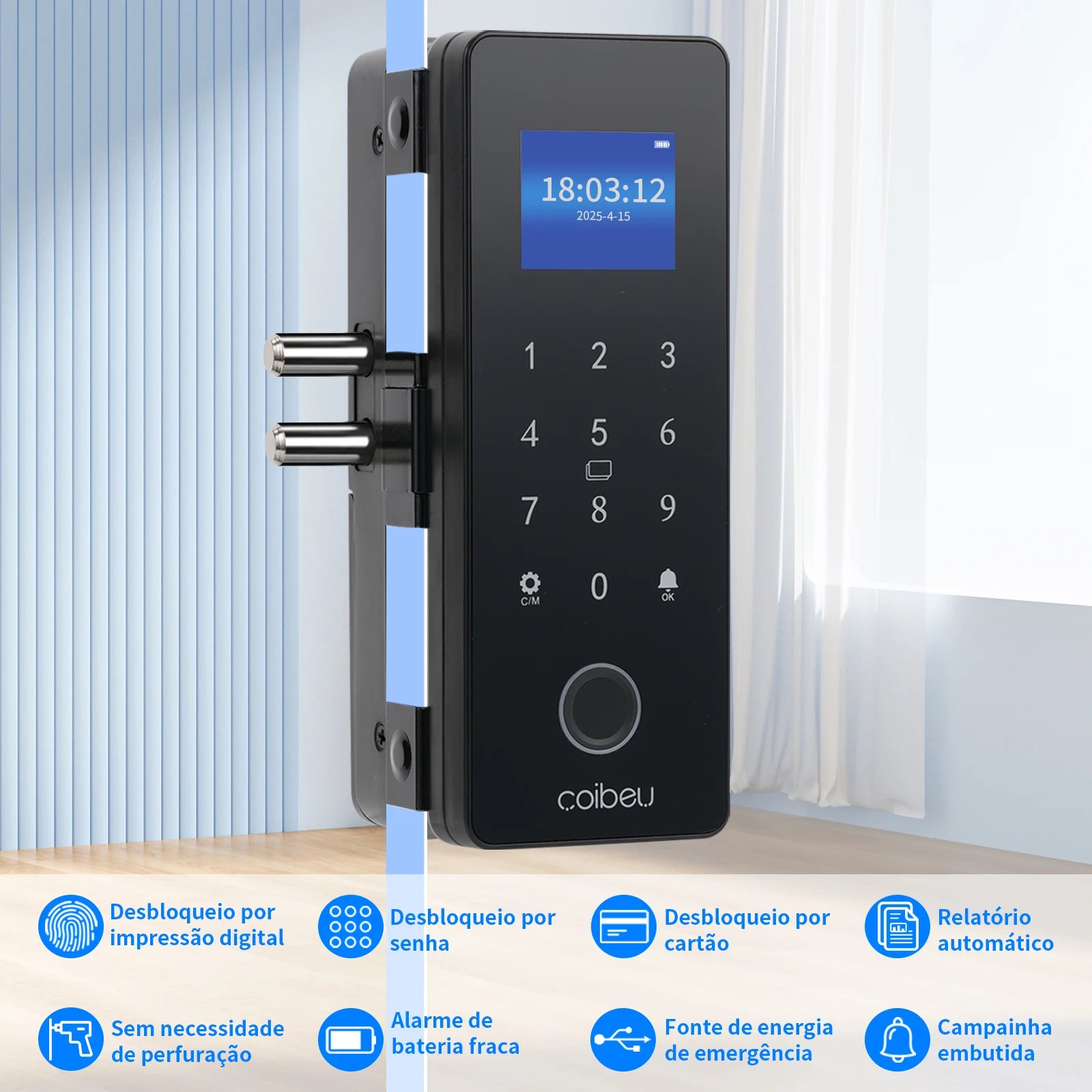 Fechadura Digital COIBEU WKZW-B6 para porta de vidro WiFi Tuya, sem furos