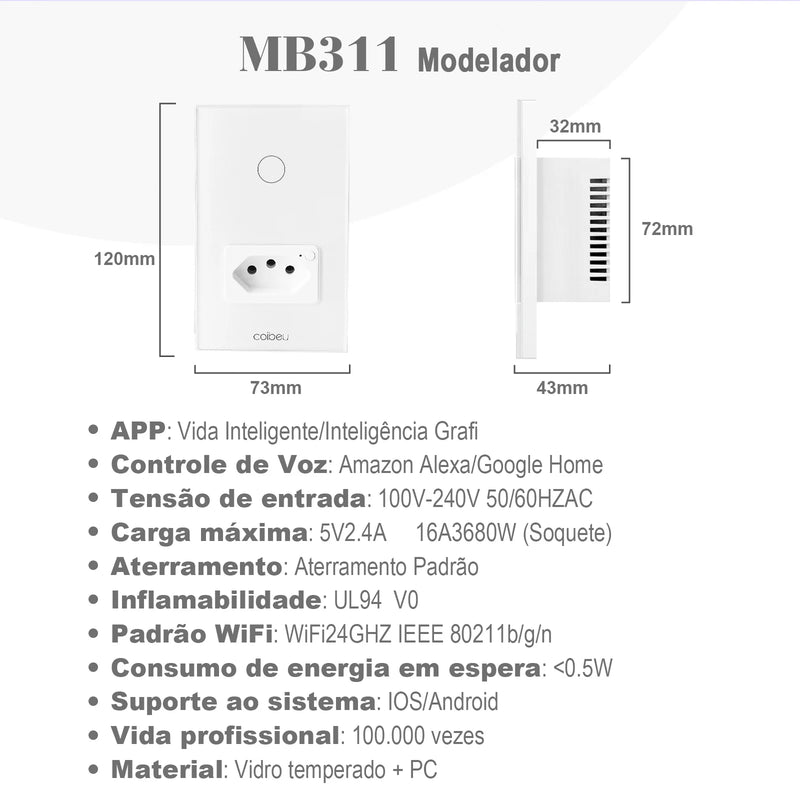 Interruptor Wi-Fi Touch com Tomada Integrada até 3 Canais, Elegante e Integrado com Alexa ou Google Home