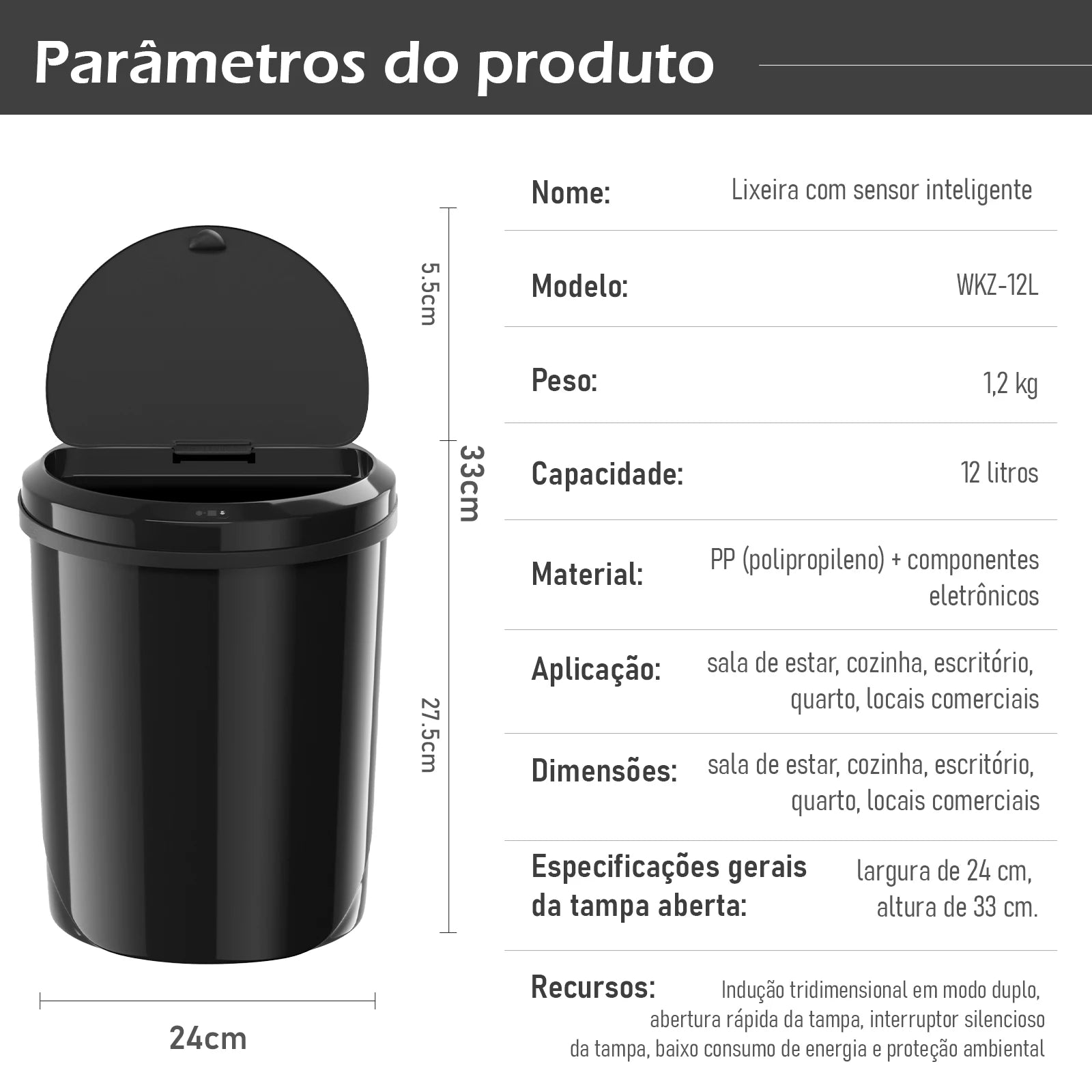 Especificações técnicas lixeira COIBEU sensor infravermelho