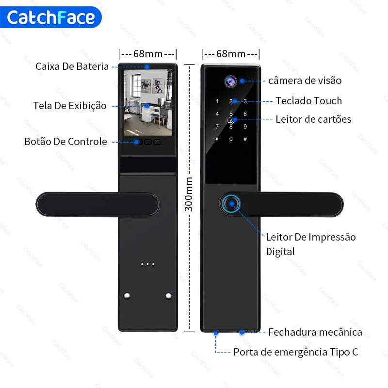 Interface do app com histórico de acessos e notificações