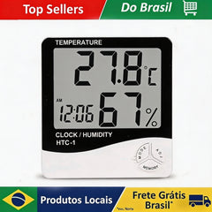 Visão frontal do relógio despertador com painel de controle e botões